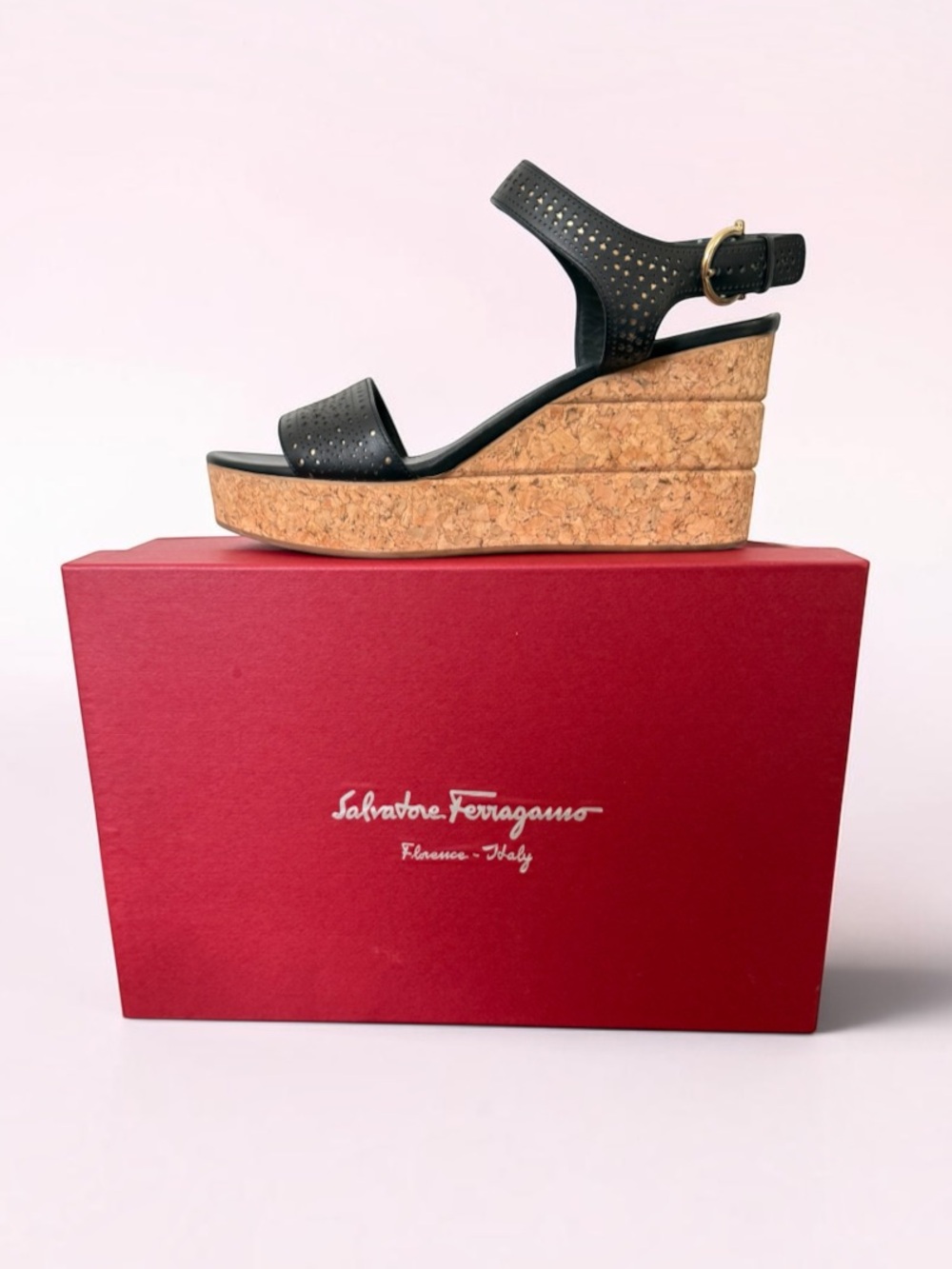 SALVATORE FERRAGAMO Galak black wedge sandals Size 9